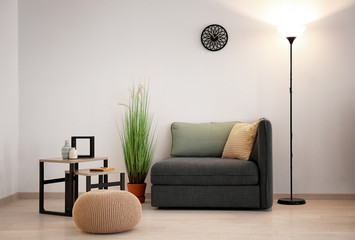 Elegant living room interior with sofa section and pouf