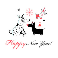 New Year greeting card with cheerful dogs