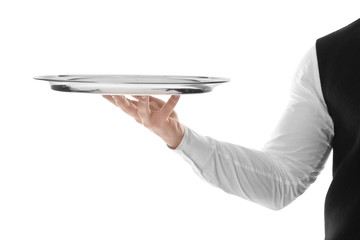 Waiter with empty tray on white background - obrazy, fototapety, plakaty