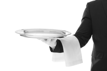 Waiter with empty tray on white background - obrazy, fototapety, plakaty