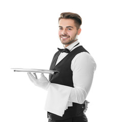 Waiter with empty tray on white background