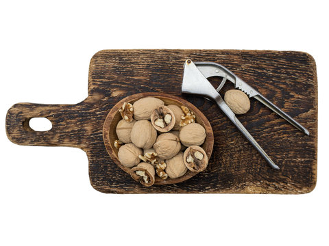 walnuts on a wooden board. 