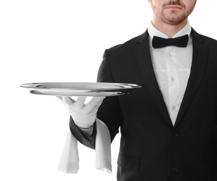 Waiter with empty tray on white background