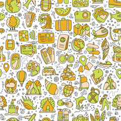 Travel and summer seamless pattern, journey and trip background. Adventure time pattern in hand draw style, vector sketch elements on repeatable pattern
