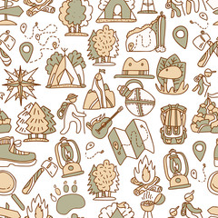 Hiking and trekking travel seamless pattern. Endless repeatable background with cartooning traveling elements about camping, vacation and wild life. Woods, forest and outdoor adventure background