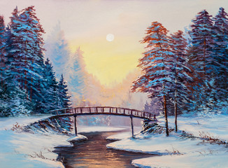 Fototapeta premium little bridge and snow covered landscape
