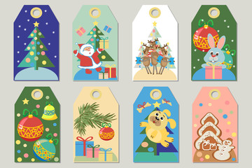 Christmas, Happy new year tags cute collection. Set of labels with Santa, Christmas tree, rabbit, deer, Christmas tree toys, gingerbread, candy with snowflakes. Vector illustration