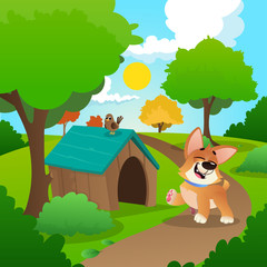 Obraz na płótnie Canvas Cheerful corgi walking in park. Nature landscape with green grass, trees, bushes and wooden dog s house. Summer background with blue sky and white clouds. Flat vector