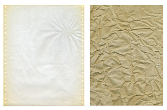 Two grungy paper structures, print-out paper and crumpled wrapping paper, isolated on white