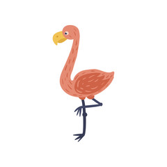 Cartoon flamingo with pink feathers, yellow beak and thin long legs. Exotic bird character. Isolated flat vector element for postcard, print or sticker