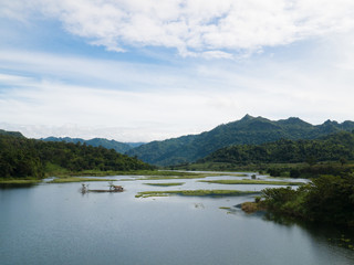 Landscape of river and green forest  mountain at  Kanchanaburi, Thailand