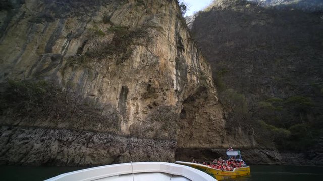 18 march 2017 Sumidero Canyon, Mexico. driving on boat,wide angle view out of boat to another boat with turists, tour in the Canyon