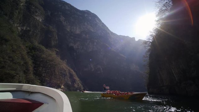 18 march 2017 Sumidero Canyon, Mexico. driving on boat,wide angle view out of boat riding near another boat with passenger in life vest, tour in the Sumidero Canyon - Chiapas, Mexico