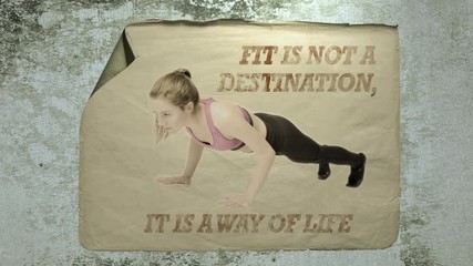 old paper ad on a cement wall with a portrait of a young athlete woman and inscription fit is not a destination it is a way of life. imitation of camera shake and light flashes.