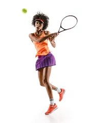 Rolgordijnen Young tennis girl in silhouette isolated on white background. Dynamic movement © Romario Ien