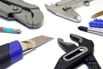 Construction tools on a white background. Many tools.