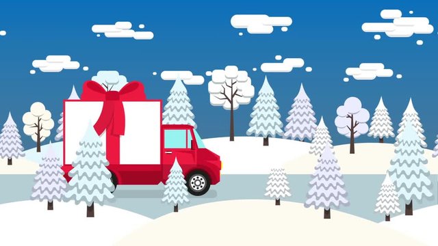 Truck with gift box tied with a red ribbon and bow rides along the winter forest road. Looped animation