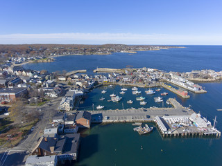 Fototapeta premium Rockport Harbor and Motif Number 1 aerial view in Rockport, Massachusetts, USA. This building is a fishing shack built in 1840, and now is the the most famous symbol of New England maritime life.
