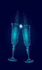 Two blue glowing glasses champagne sparkles. Happy New Year Valentine Day greeting card concept. Romantic love couple date low poly polygonal modern triangle 3d design vector illustration