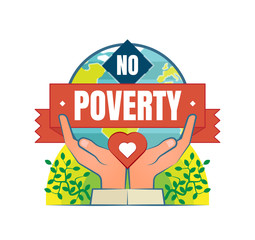 No Poverty vector logo badge with two hands, heart and globe in a background