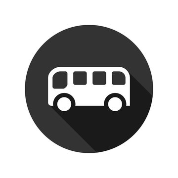 Bus icon with long shadow, white isolated on black background, vector illustration.