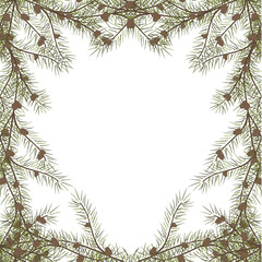 Vector border frame with ornament pattern with pine twigs with cones. Fir-tree branches decoration isolated on white. Place for your text. Single frame or seamless pattern. Design for greeting card