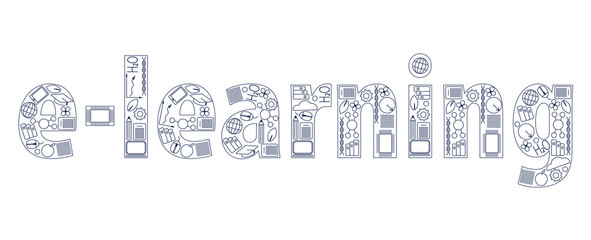 Concept of remote learning.  E-learning built from education icons on blue. Flat design. Vector illustration EPS10. 