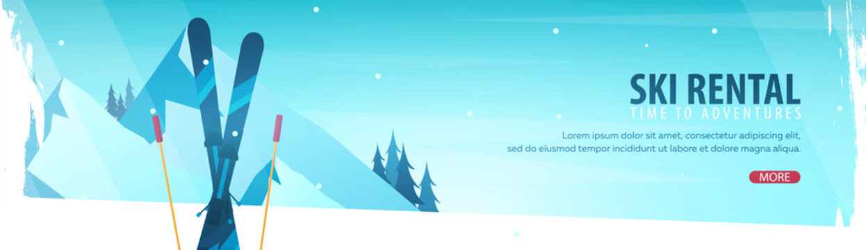 Winter Sport. Ski Rental horizontal banner. Vector illustration.