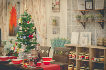 Fototapeta na wymiar Christmas Celebration tone instagram,Room decorated with Christmas tree,Christmas decoration,Happy new years