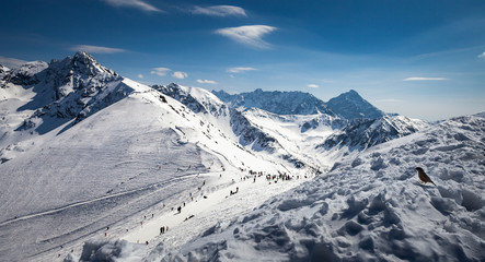 Skiing in Polish Kasprowy Wierch on  sunny day located on Poland/Slovakia border