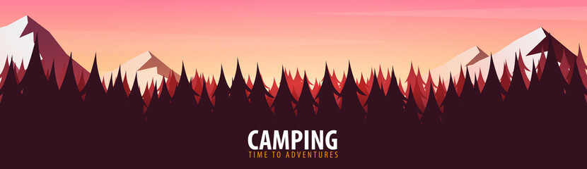 Nature landscape background with silhouettes of mountains and trees. Vector Illustration.