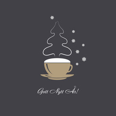 Vector card coffee cup with snowflakes and christmas tree steaming silhouette. Happy New Year greetings text in Swedish