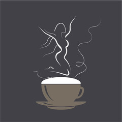 Jumping girl on cappuccino foam. Coffee cup with dancing wonan dancer. Vector illustration logo