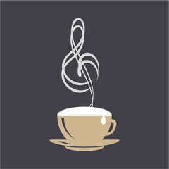 Coffee and music logo concept. Cappuccino cup and treble clef on black background