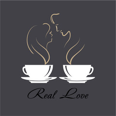 Vector logo Coffee Real Love. Two coffee cups with silhouettes of a romantic couple in love.