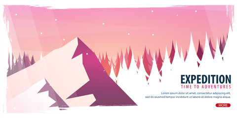 Nature landscape background with silhouettes of mountains and trees. Winter Forest. Vector Illustration.