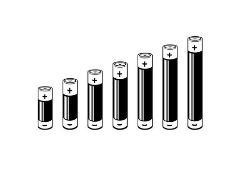 A black and white Column or bar chart where the bars are battery icons showing lineal growth. Vector Illustration