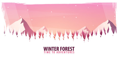 Nature landscape background with silhouettes of mountains and trees. Winter Forest. Vector Illustration.