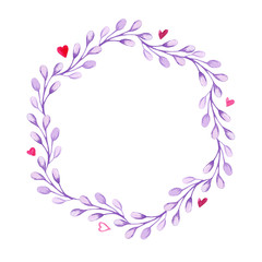 Watercolor ultra violet floral wreath with heart. Invitation for a wedding. For card, design, print or background
