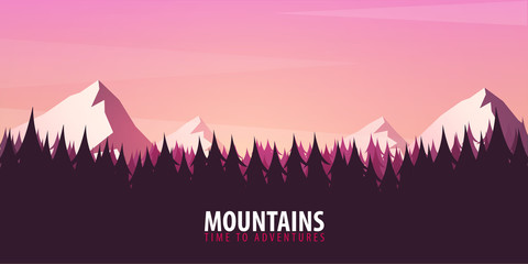 Nature landscape background with silhouettes of mountains and trees. Vector Illustration.