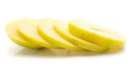 Sliced apple (Smeralda variety) isolated on white background five sliced rings.