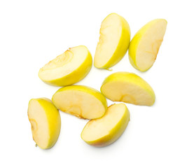 Apple slices (Smeralda variety) stack isolated on white background top view.