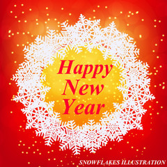 Happy New Year greeting card. New year template. Brightly Colorful illustration. Red illustration of Snowflakes. Snowflakes background for new year.