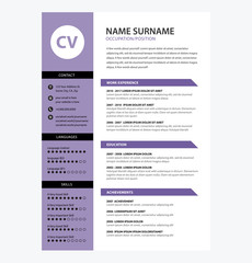 Minimalist CV template ultra violet color - vector