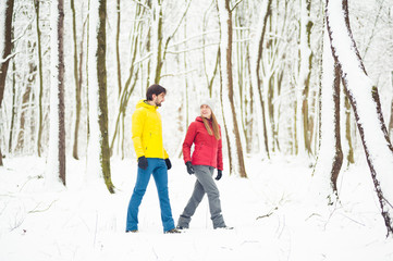 Beautiful couple walking in the winter forest