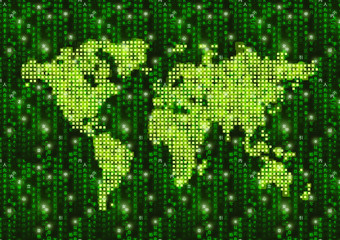 Fototapeta premium Hi-tech pixelated world map on green matrix symbols, cyberspace concept