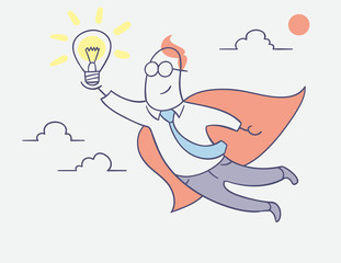 flat line character vector design - businessman hero flying with bright idea