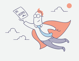flat line character vector design - businessman hero flying with signed contract