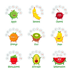 Funny fruit characters with vitamins and minerals. Healthy food icons set