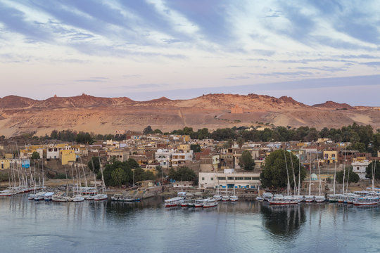 View of The River Nile and Nubian village on Elephantine Island, Aswan, Upper Egypt, Egypt